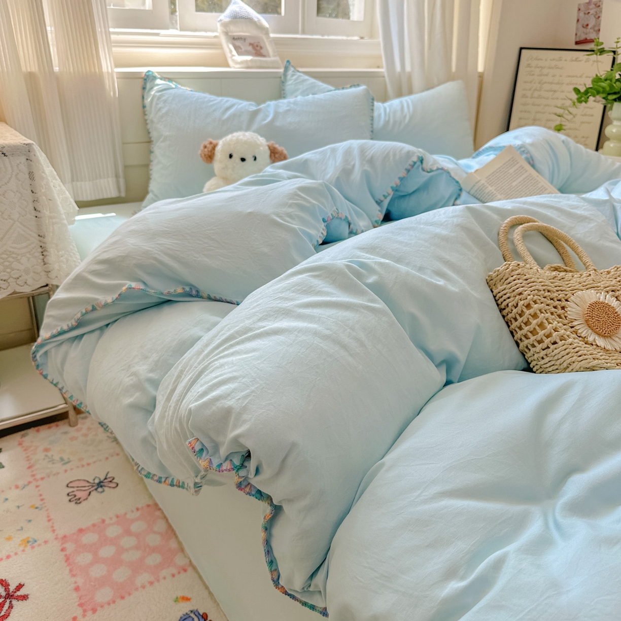 91家纺网 家纺一手货源 找家纺 冕悠家纺 2025新款A类七彩贝壳边水洗棉四件套 七彩-云水蓝