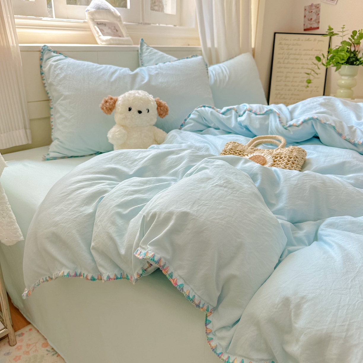 91家纺网 家纺一手货源 找家纺 冕悠家纺 2025新款A类七彩贝壳边水洗棉四件套 七彩-云水蓝