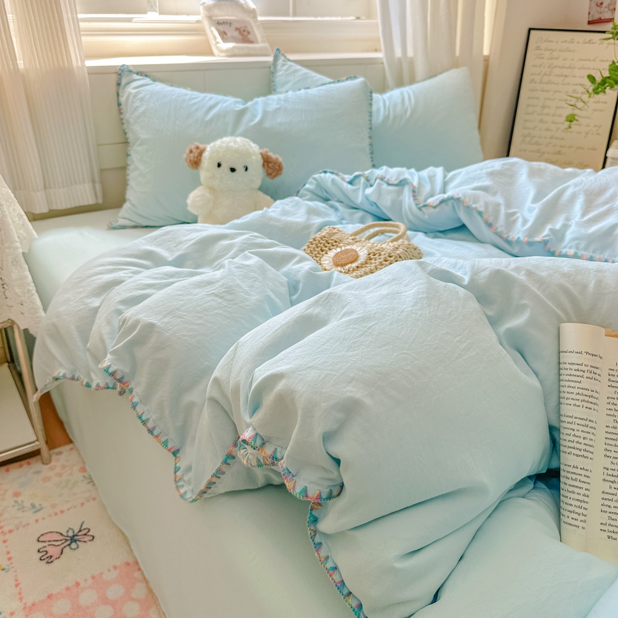 91家纺网 家纺一手货源 找家纺 冕悠家纺 2025新款A类七彩贝壳边水洗棉四件套 七彩-云水蓝