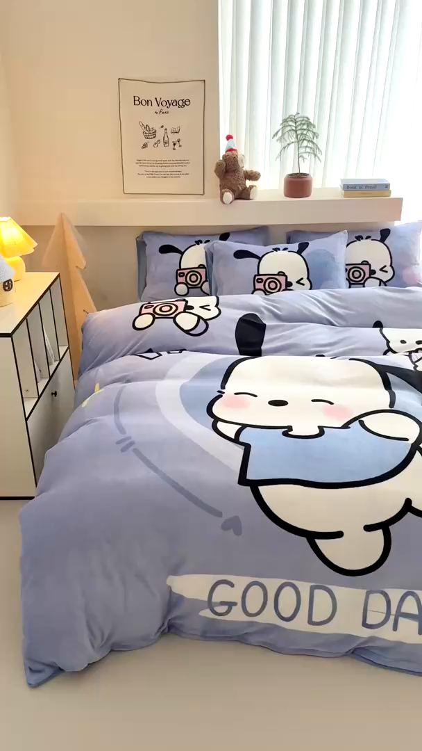 91家纺网 家纺一手货源 找家纺 茉保家纺 2025新款大板卡通加厚牛奶绒印花四件套 机灵狗狗