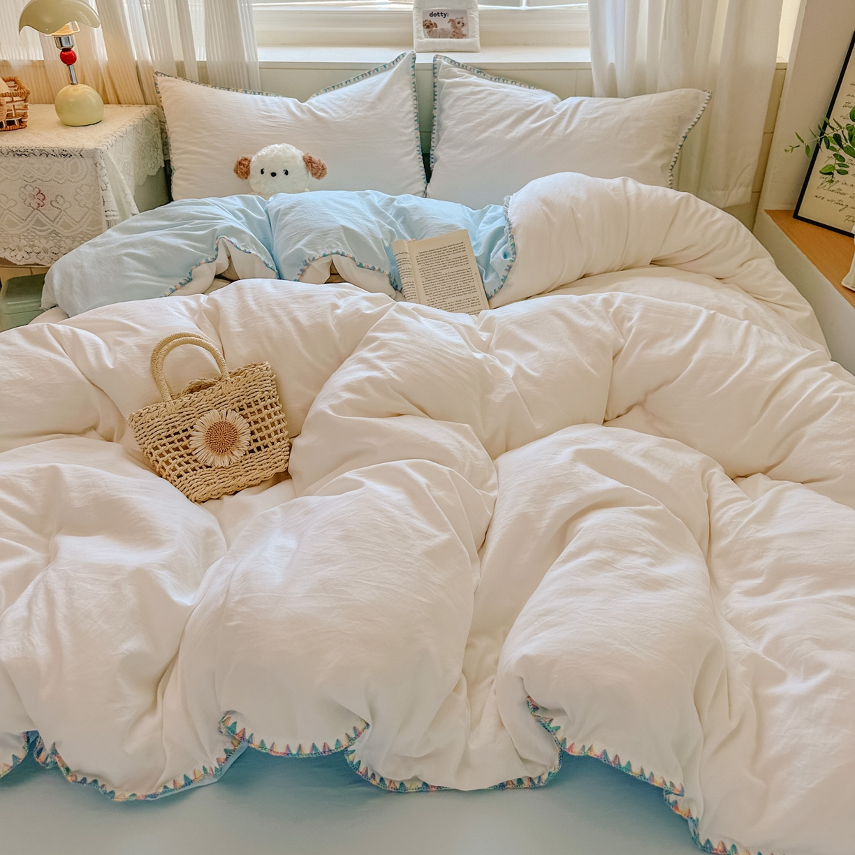 91家纺网 家纺一手货源 找家纺 冕悠家纺 2025新款A类七彩贝壳边水洗棉四件套 七彩-云水蓝奶白