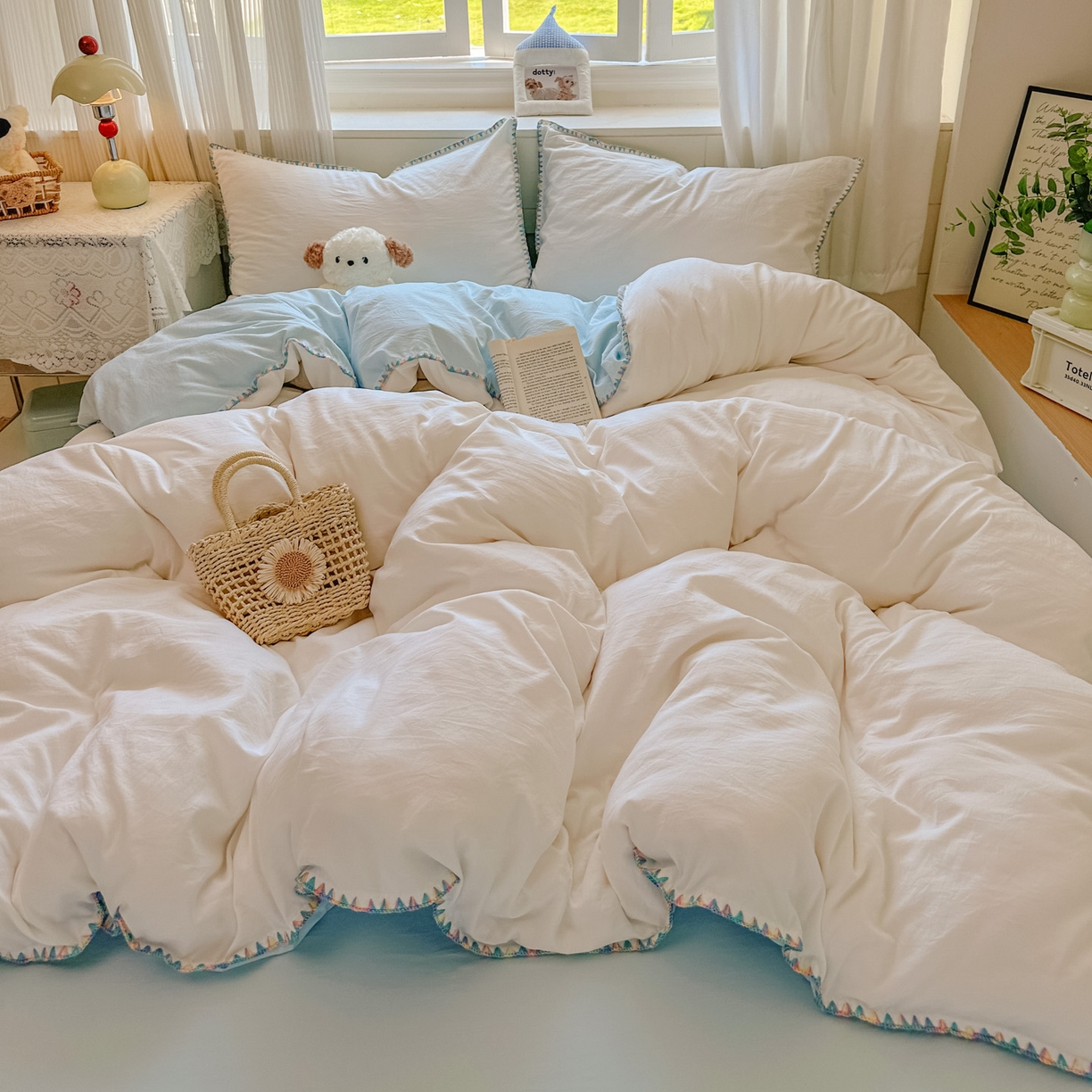 91家纺网 家纺一手货源 找家纺 冕悠家纺 2025新款A类七彩贝壳边水洗棉四件套 七彩-云水蓝奶白