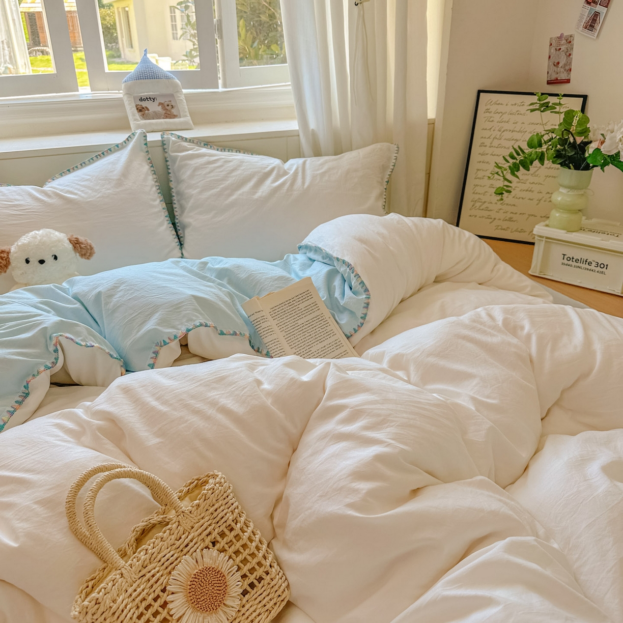 91家纺网 家纺一手货源 找家纺 冕悠家纺 2025新款A类七彩贝壳边水洗棉四件套 七彩-云水蓝奶白