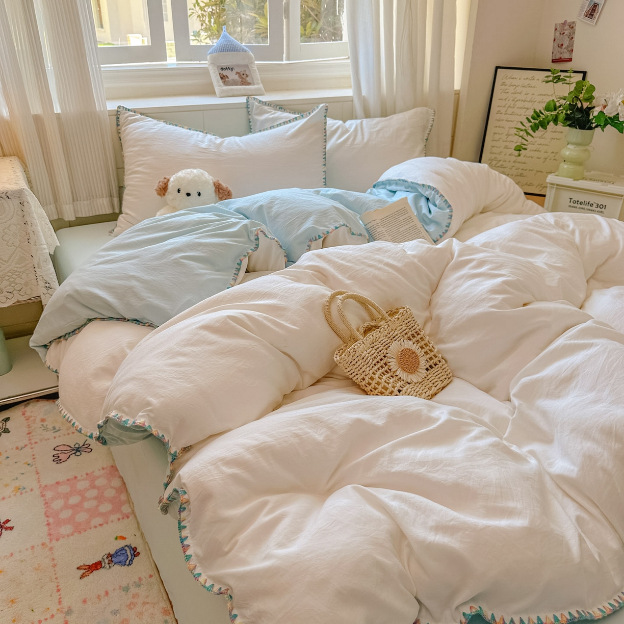 91家纺网 家纺一手货源 找家纺 冕悠家纺 2025新款A类七彩贝壳边水洗棉四件套 七彩-云水蓝奶白