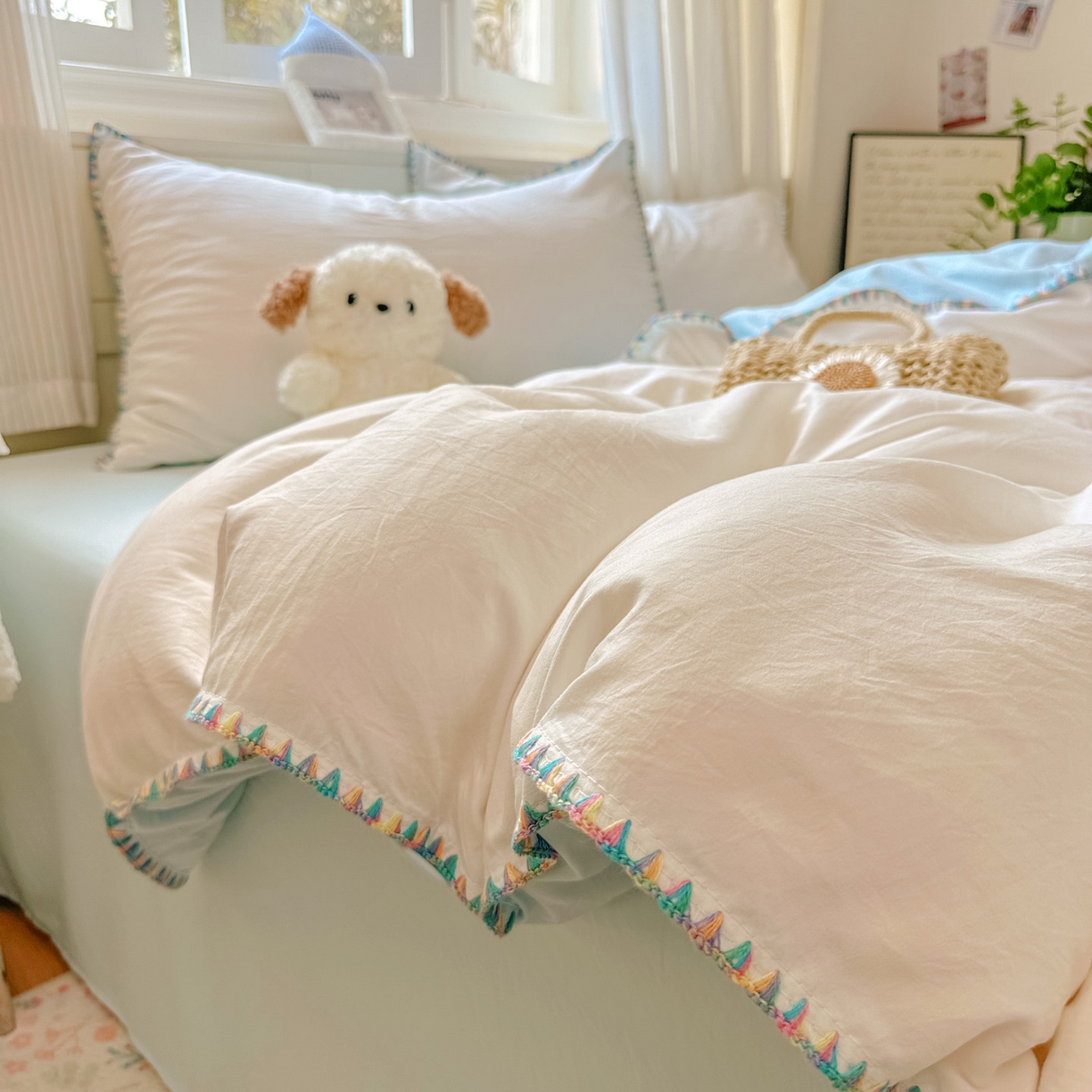 91家纺网 家纺一手货源 找家纺 冕悠家纺 2025新款A类七彩贝壳边水洗棉四件套 七彩-云水蓝奶白