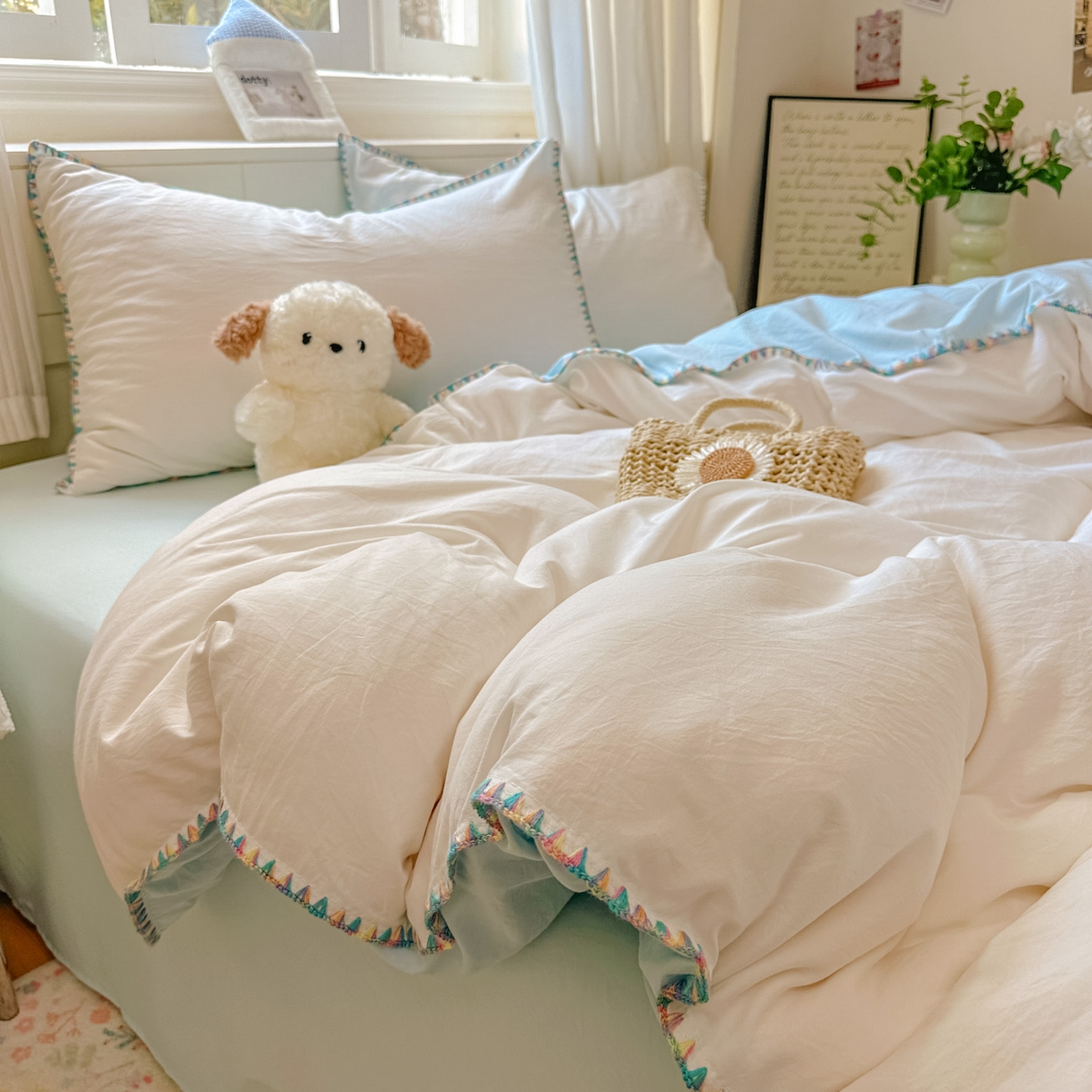 91家纺网 家纺一手货源 找家纺 冕悠家纺 2025新款A类七彩贝壳边水洗棉四件套 七彩-云水蓝奶白