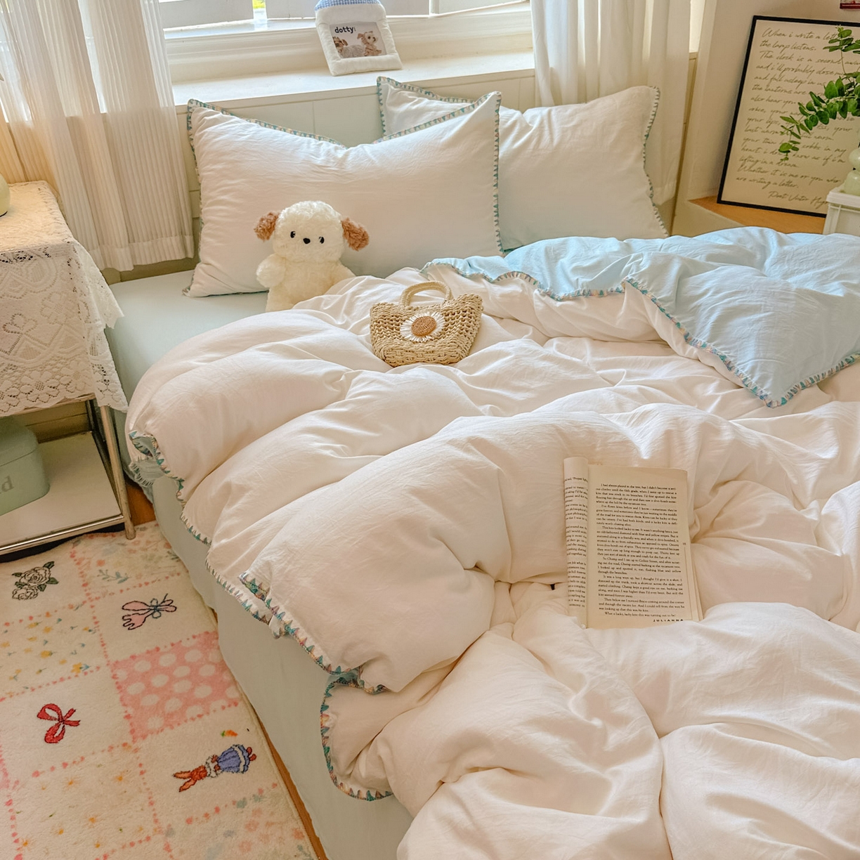 91家纺网 家纺一手货源 找家纺 冕悠家纺 2025新款A类七彩贝壳边水洗棉四件套 七彩-云水蓝奶白