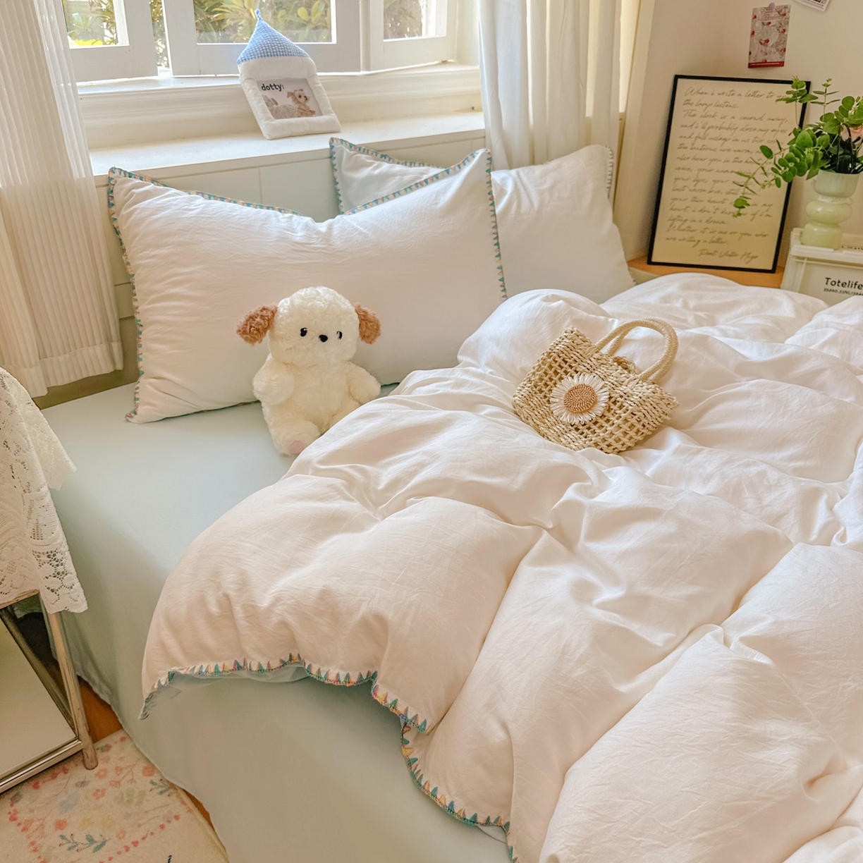 91家纺网 家纺一手货源 找家纺 冕悠家纺 2025新款A类七彩贝壳边水洗棉四件套 七彩-云水蓝奶白