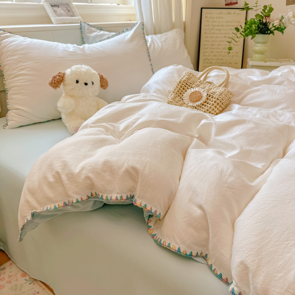 91家纺网 家纺一手货源 找家纺 冕悠家纺 2025新款A类七彩贝壳边水洗棉四件套 七彩-云水蓝奶白