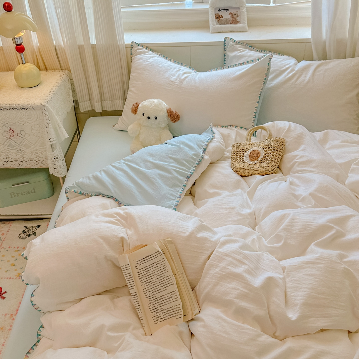 91家纺网 家纺一手货源 找家纺 冕悠家纺 2025新款A类七彩贝壳边水洗棉四件套 七彩-云水蓝奶白