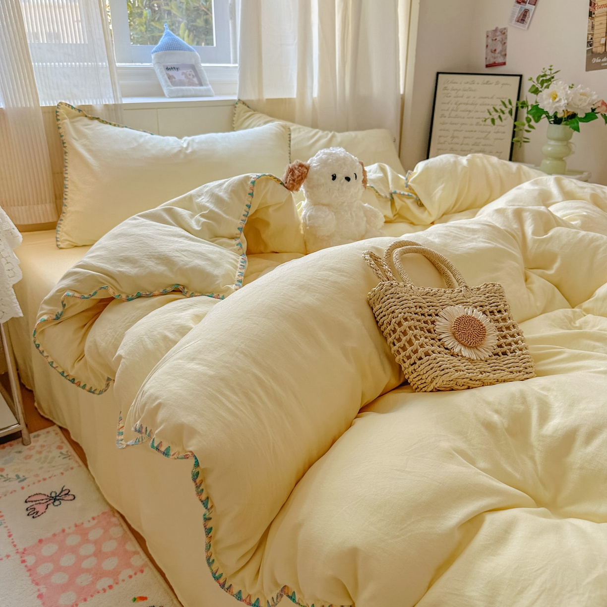 冕悠家纺 2025新款A类七彩贝壳边水洗棉四件套 七彩-芝士