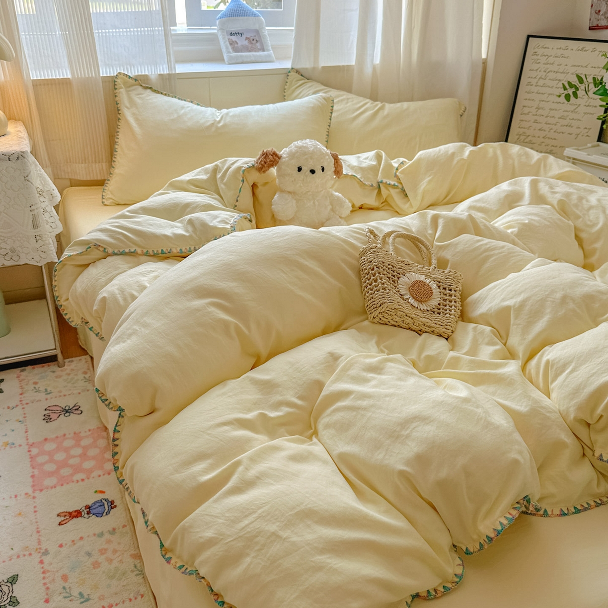 91家纺网 家纺一手货源 找家纺 冕悠家纺 2025新款A类七彩贝壳边水洗棉四件套 七彩-芝士