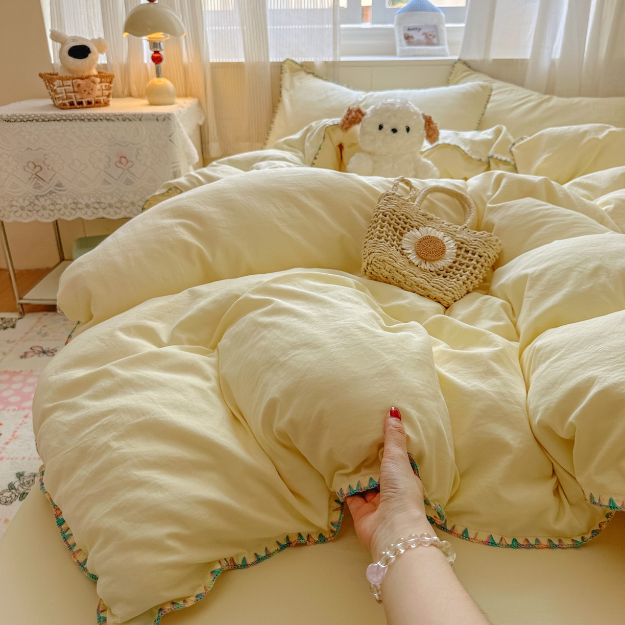 91家纺网 家纺一手货源 找家纺 冕悠家纺 2025新款A类七彩贝壳边水洗棉四件套 七彩-芝士