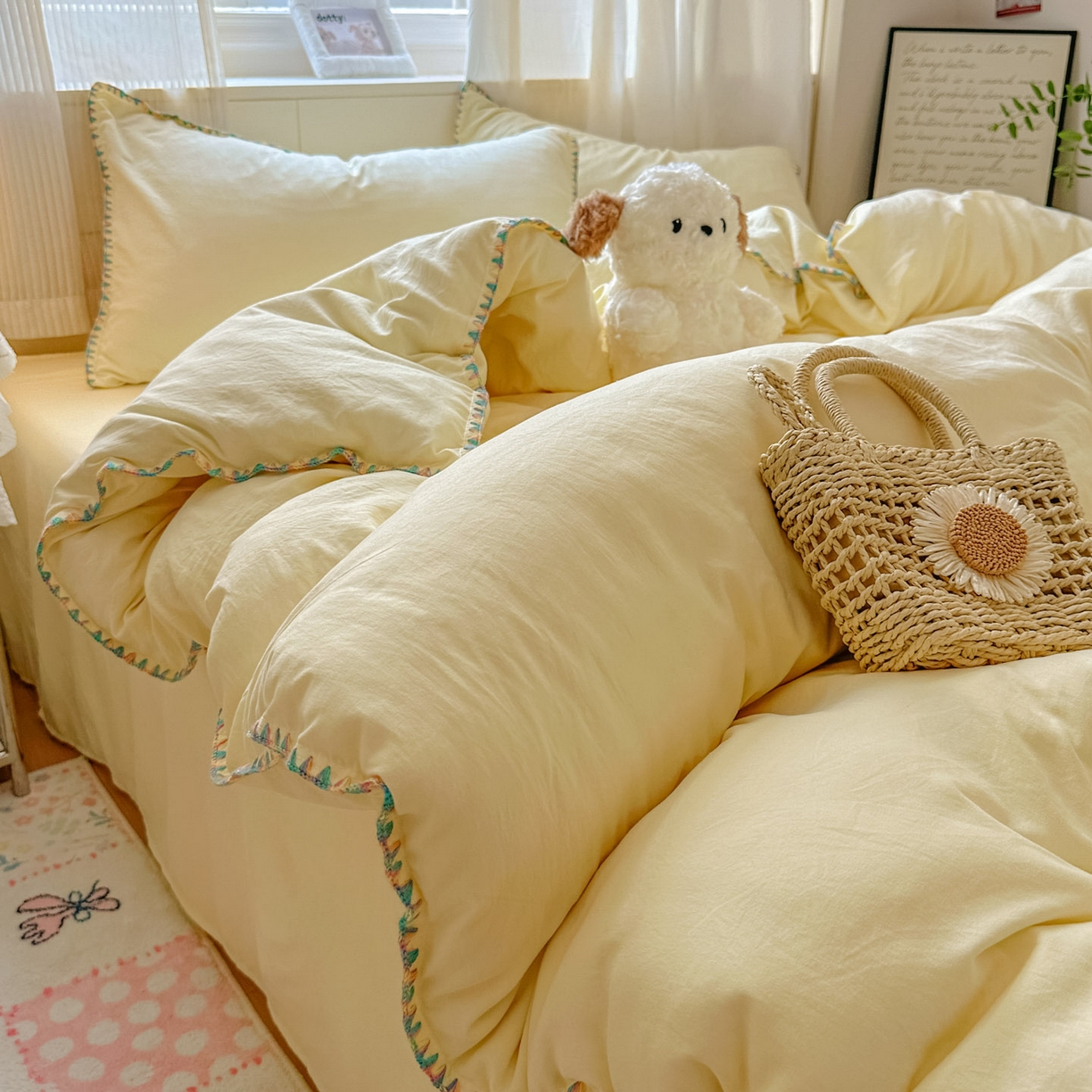 91家纺网 家纺一手货源 找家纺 冕悠家纺 2025新款A类七彩贝壳边水洗棉四件套 七彩-芝士