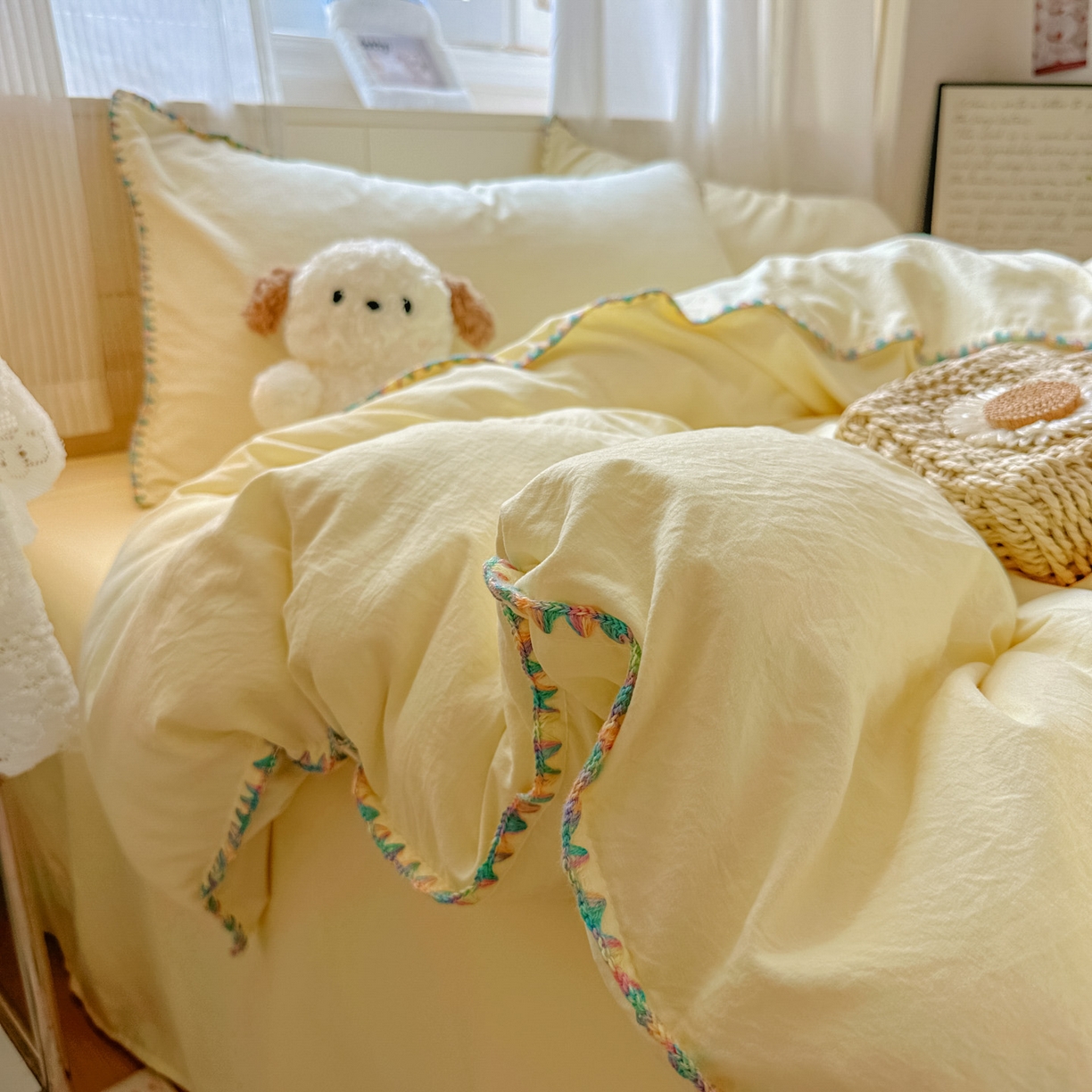 91家纺网 家纺一手货源 找家纺 冕悠家纺 2025新款A类七彩贝壳边水洗棉四件套 七彩-芝士