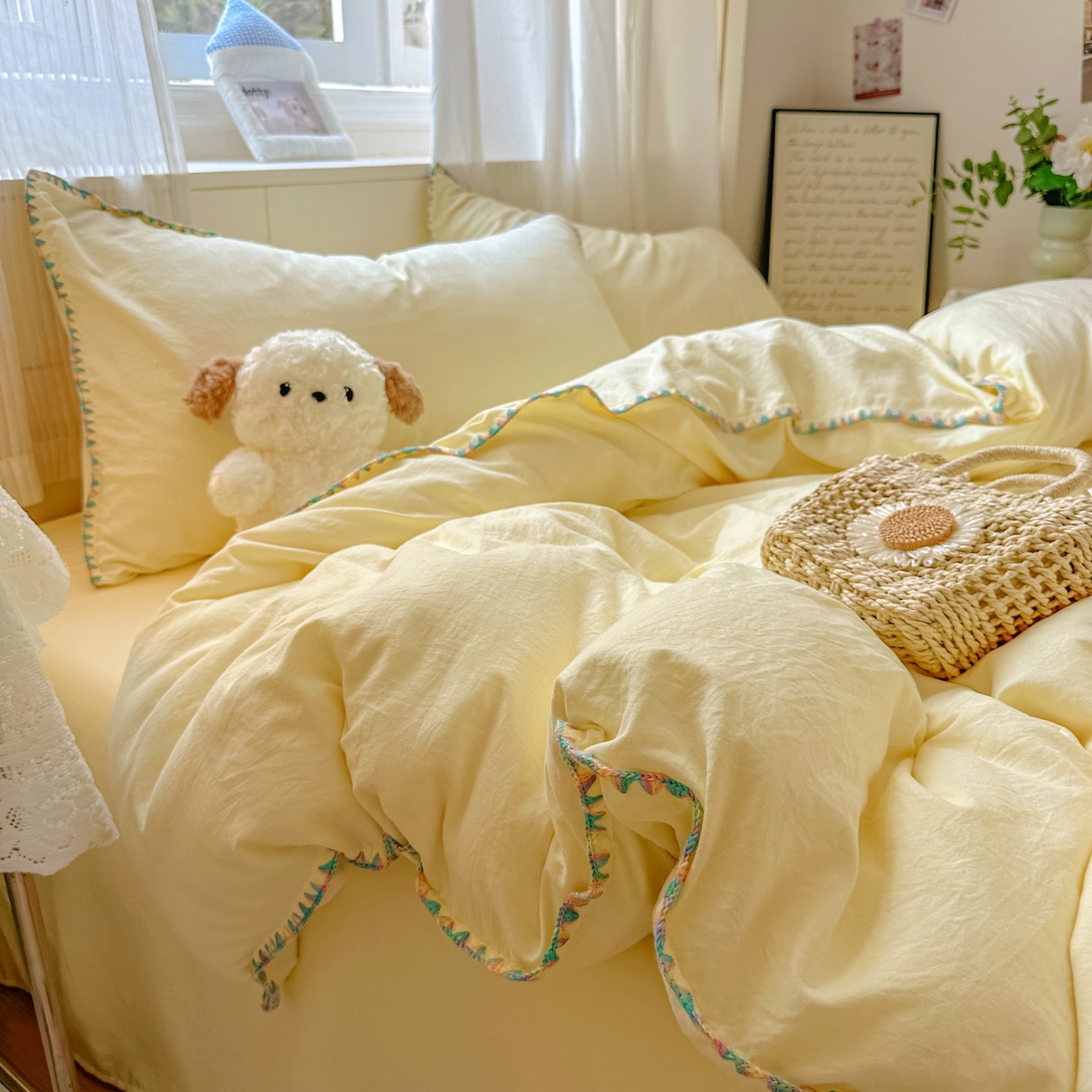 91家纺网 家纺一手货源 找家纺 冕悠家纺 2025新款A类七彩贝壳边水洗棉四件套 七彩-芝士