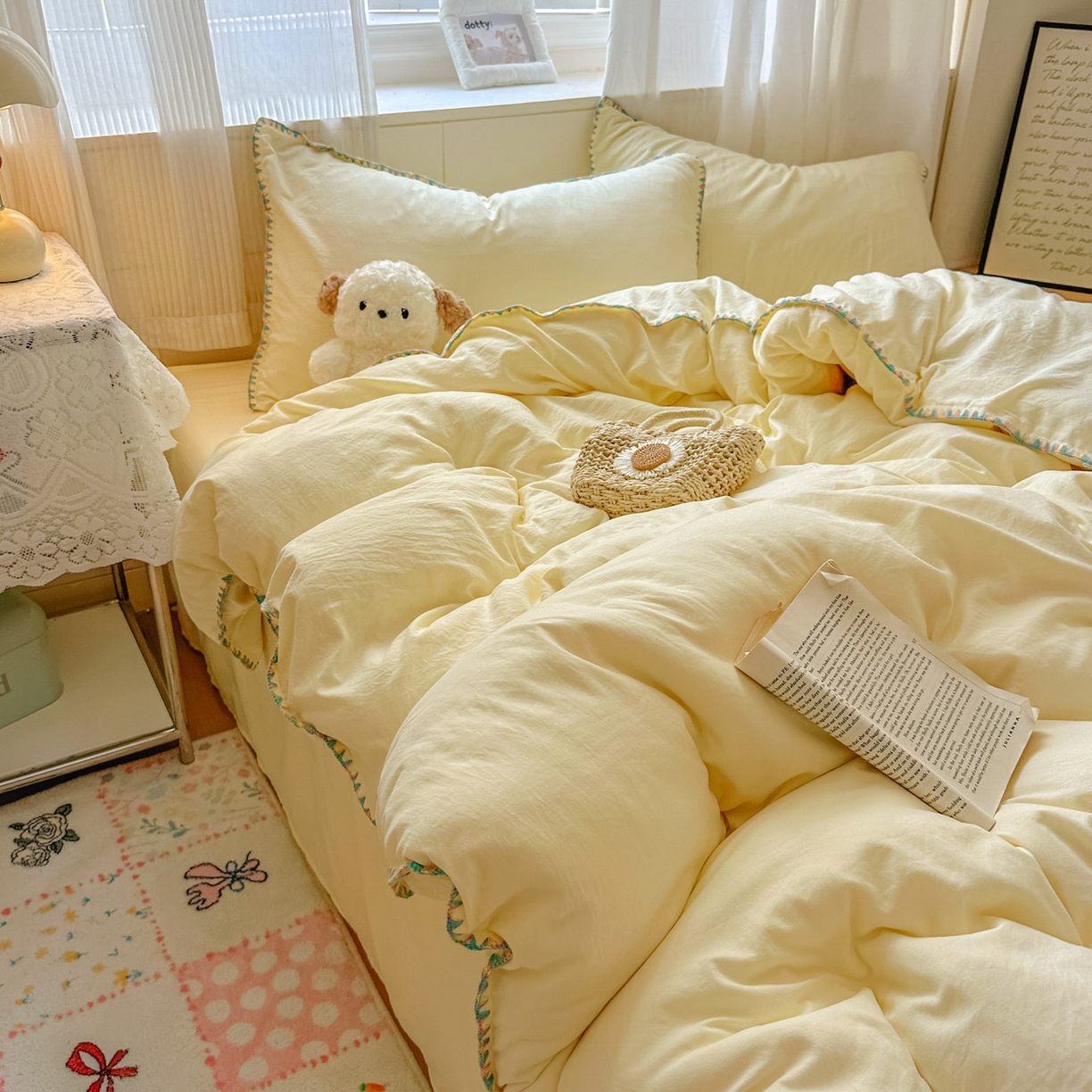 91家纺网 家纺一手货源 找家纺 冕悠家纺 2025新款A类七彩贝壳边水洗棉四件套 七彩-芝士