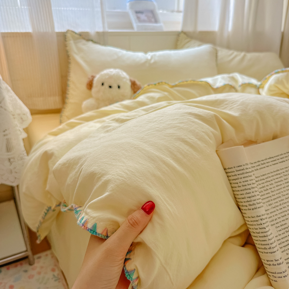 91家纺网 家纺一手货源 找家纺 冕悠家纺 2025新款A类七彩贝壳边水洗棉四件套 七彩-芝士