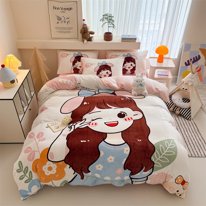 91家纺网 家纺一手货源 找家纺 茉保家纺 2025新款大板卡通加厚牛奶绒印花四件套 可爱女孩