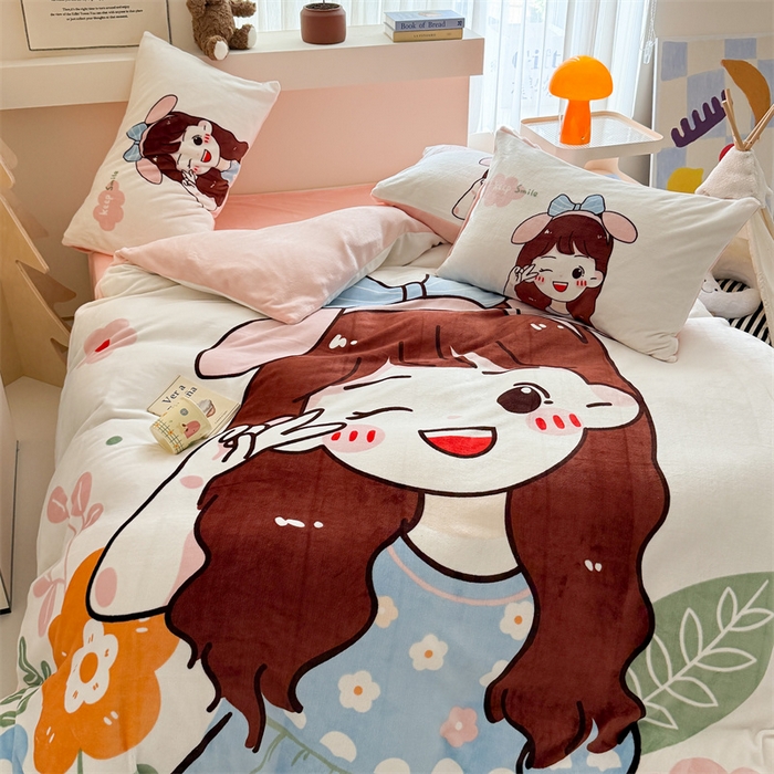 91家纺网 家纺一手货源 找家纺 茉保家纺 2025新款大板卡通加厚牛奶绒印花四件套 可爱女孩