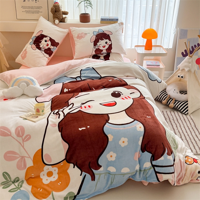 91家纺网 家纺一手货源 找家纺 茉保家纺 2025新款大板卡通加厚牛奶绒印花四件套 可爱女孩