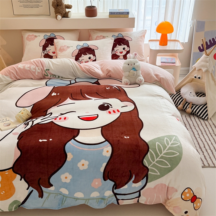 91家纺网 家纺一手货源 找家纺 茉保家纺 2025新款大板卡通加厚牛奶绒印花四件套 可爱女孩