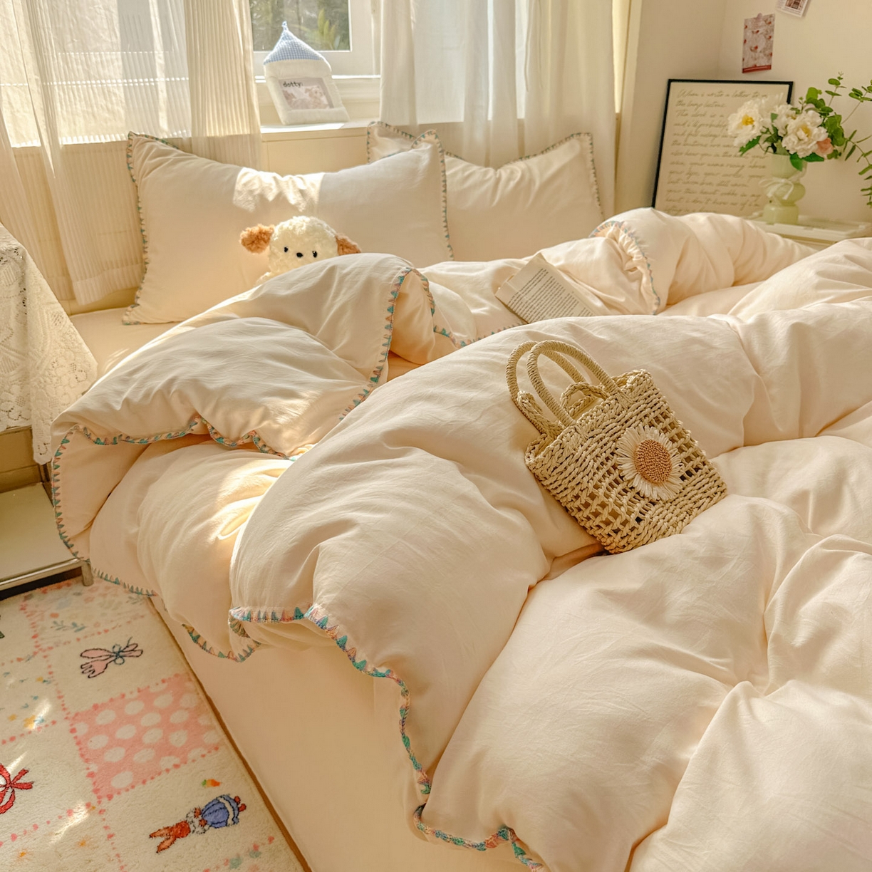 冕悠家纺 2025新款A类七彩贝壳边水洗棉四件套 七彩-芝士粉