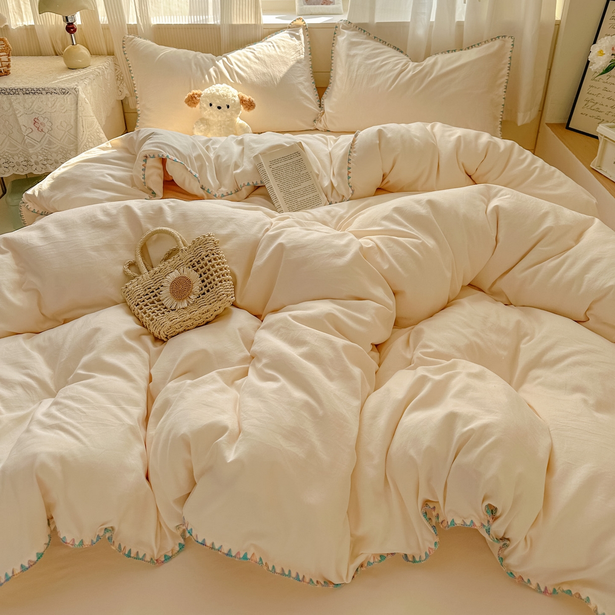 91家纺网 家纺一手货源 找家纺 冕悠家纺 2025新款A类七彩贝壳边水洗棉四件套 七彩-芝士粉