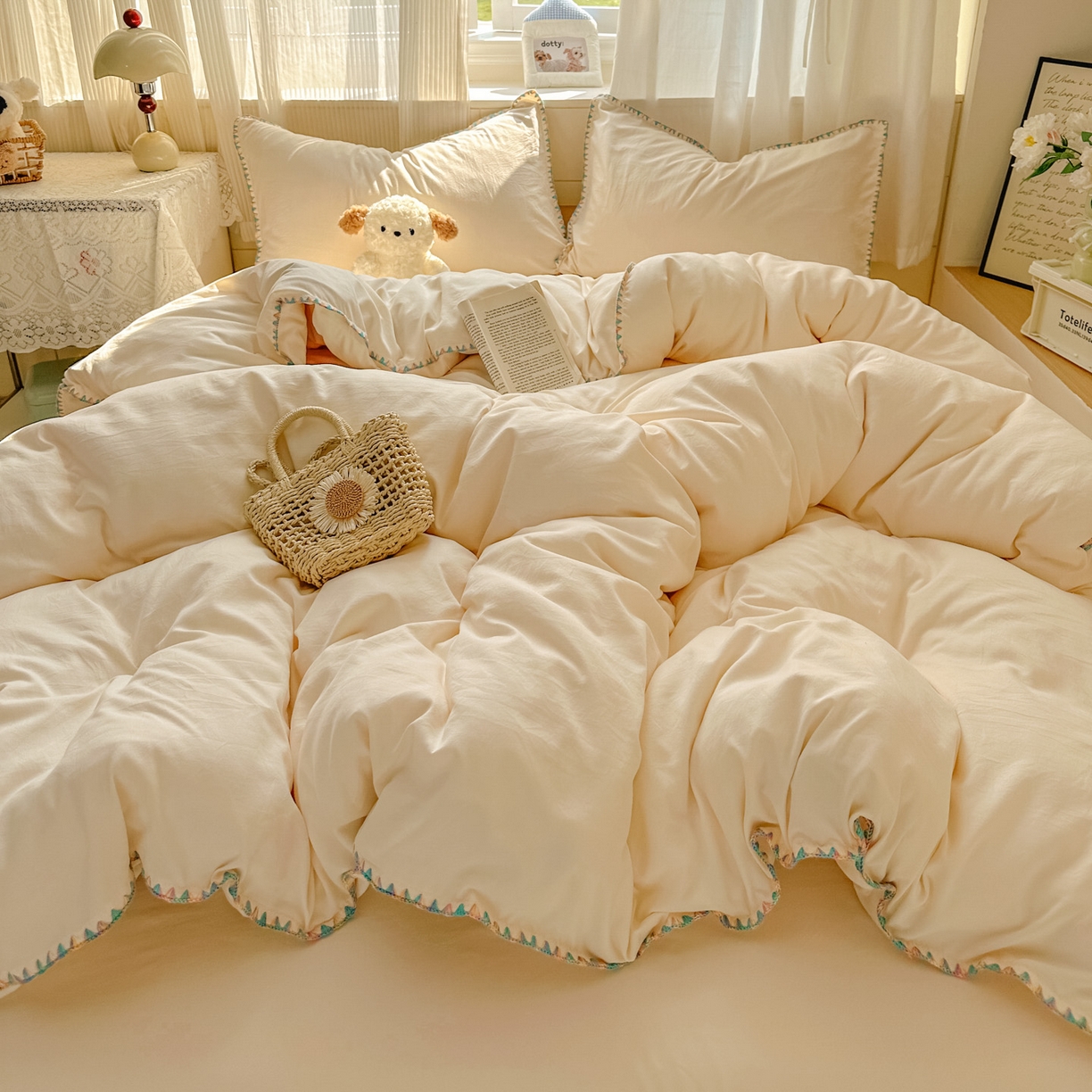 91家纺网 家纺一手货源 找家纺 冕悠家纺 2025新款A类七彩贝壳边水洗棉四件套 七彩-芝士粉