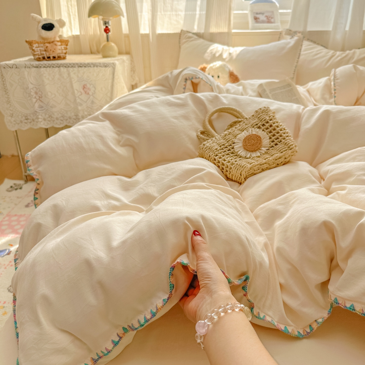 91家纺网 家纺一手货源 找家纺 冕悠家纺 2025新款A类七彩贝壳边水洗棉四件套 七彩-芝士粉