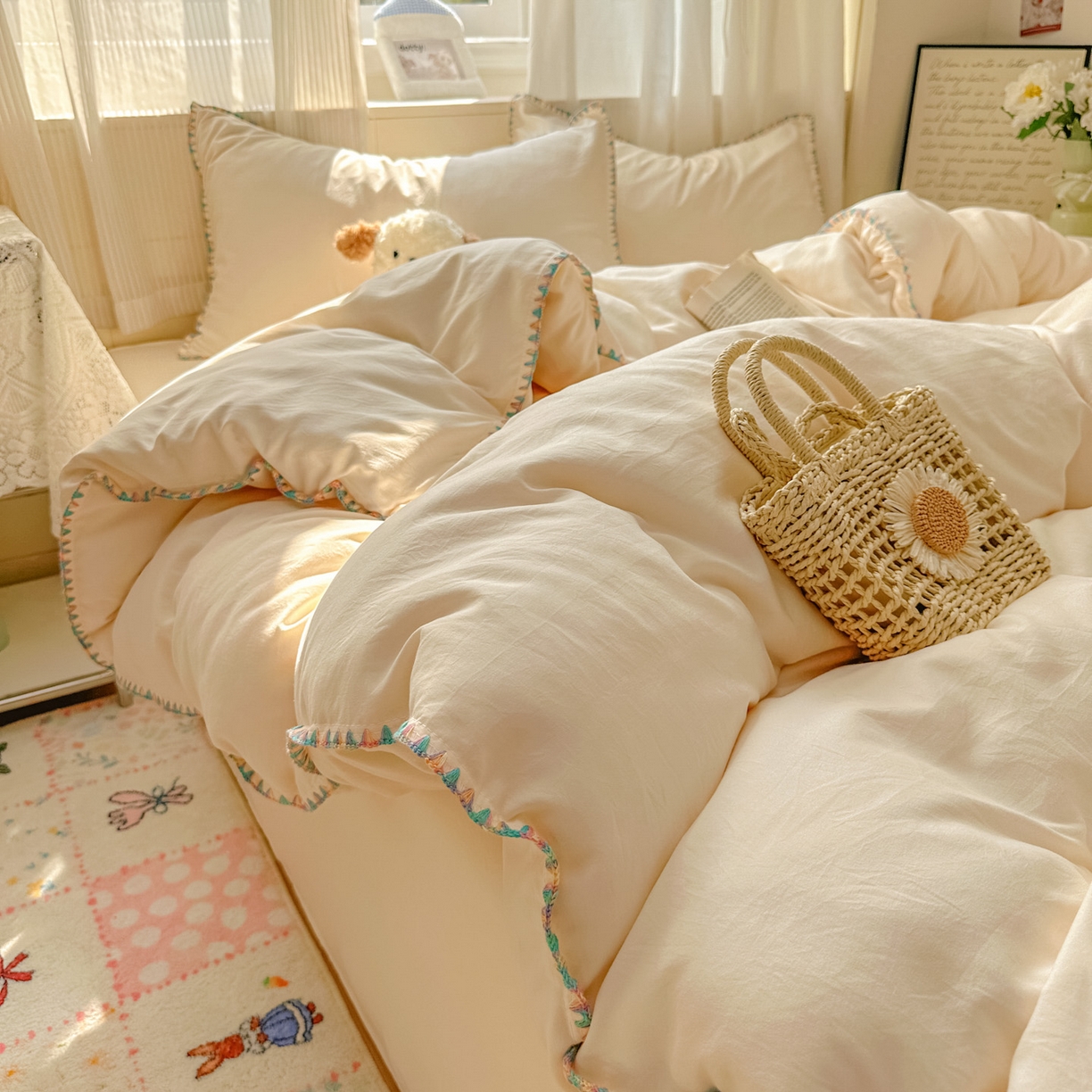 91家纺网 家纺一手货源 找家纺 冕悠家纺 2025新款A类七彩贝壳边水洗棉四件套 七彩-芝士粉
