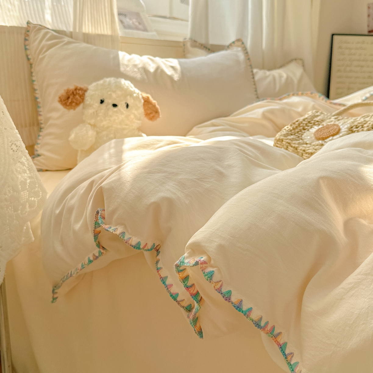 91家纺网 家纺一手货源 找家纺 冕悠家纺 2025新款A类七彩贝壳边水洗棉四件套 七彩-芝士粉