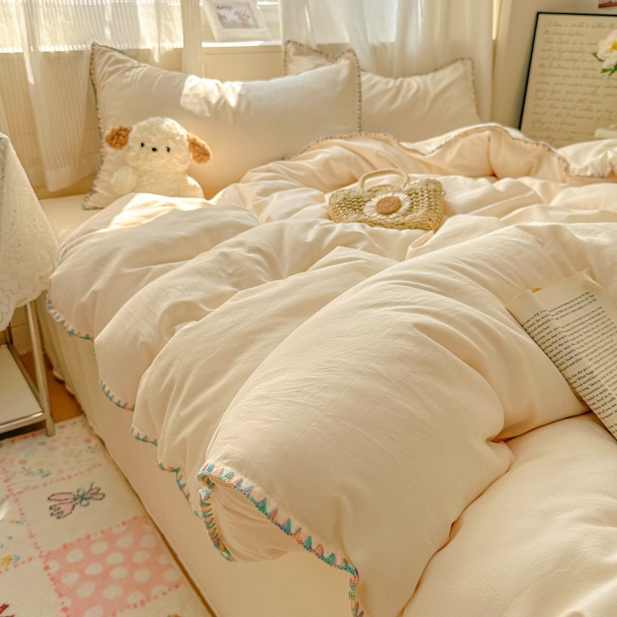 91家纺网 家纺一手货源 找家纺 冕悠家纺 2025新款A类七彩贝壳边水洗棉四件套 七彩-芝士粉