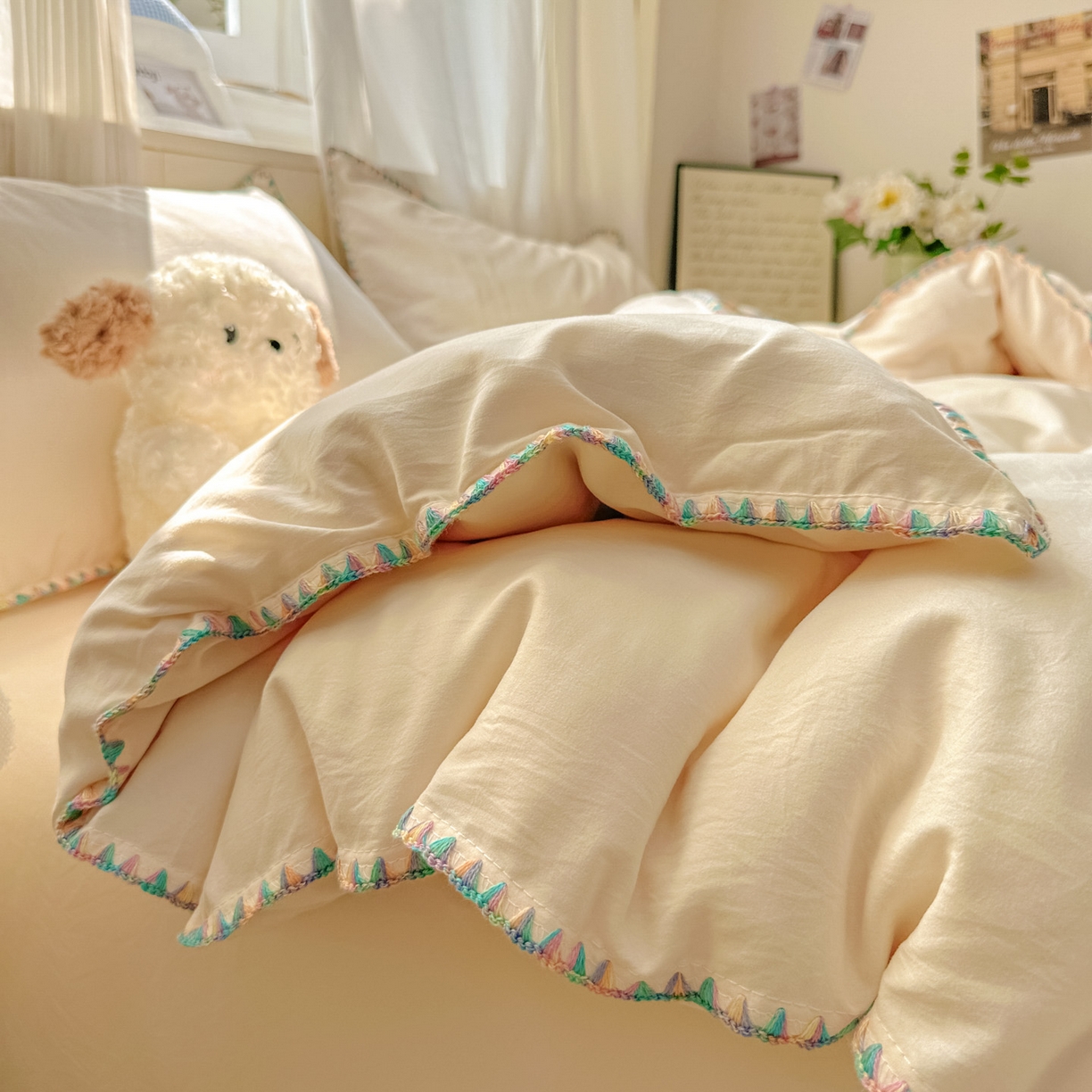 91家纺网 家纺一手货源 找家纺 冕悠家纺 2025新款A类七彩贝壳边水洗棉四件套 七彩-芝士粉