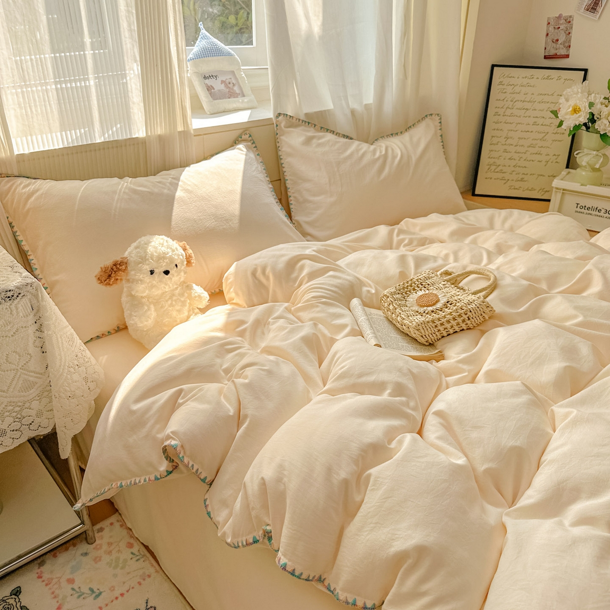 91家纺网 家纺一手货源 找家纺 冕悠家纺 2025新款A类七彩贝壳边水洗棉四件套 七彩-芝士粉