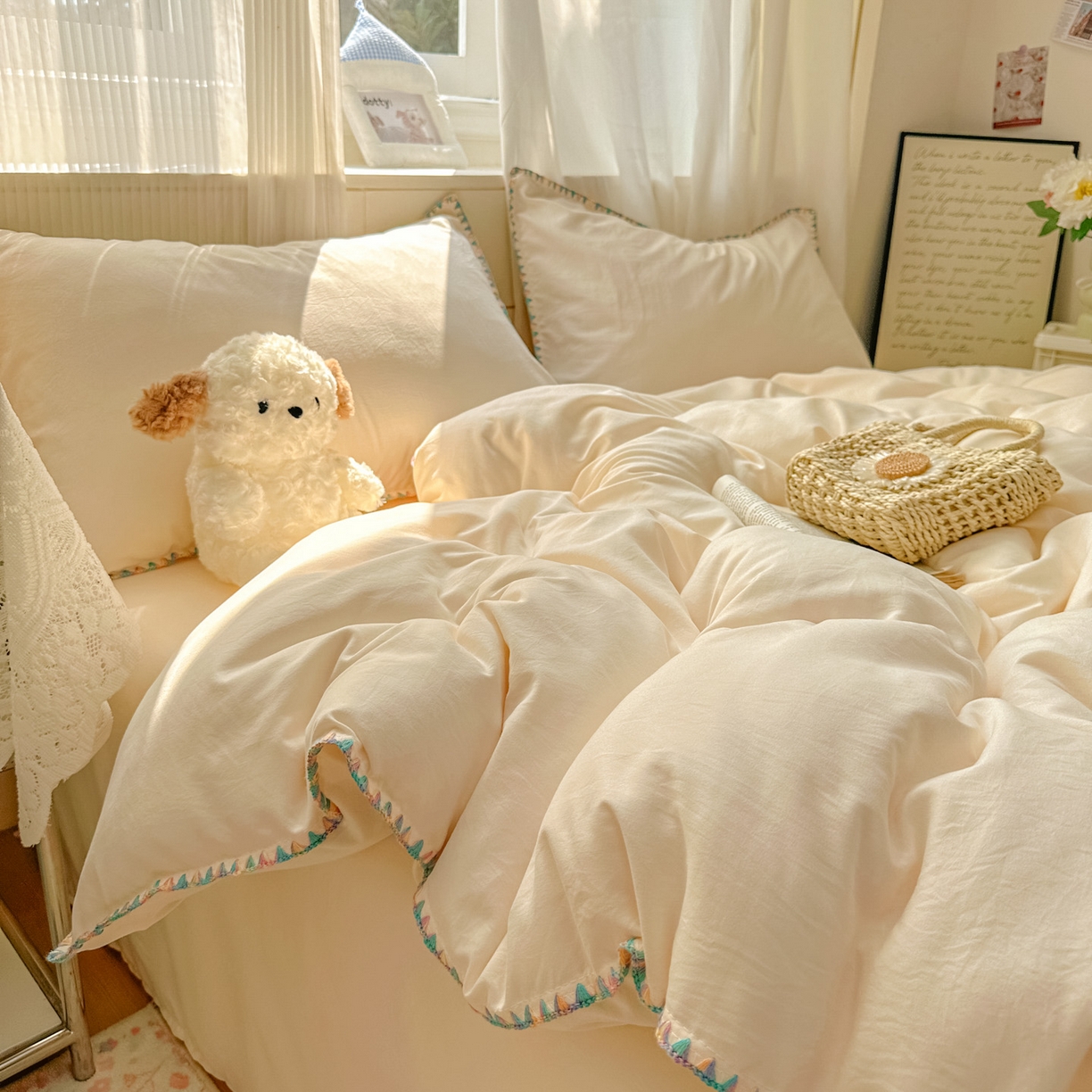 91家纺网 家纺一手货源 找家纺 冕悠家纺 2025新款A类七彩贝壳边水洗棉四件套 七彩-芝士粉