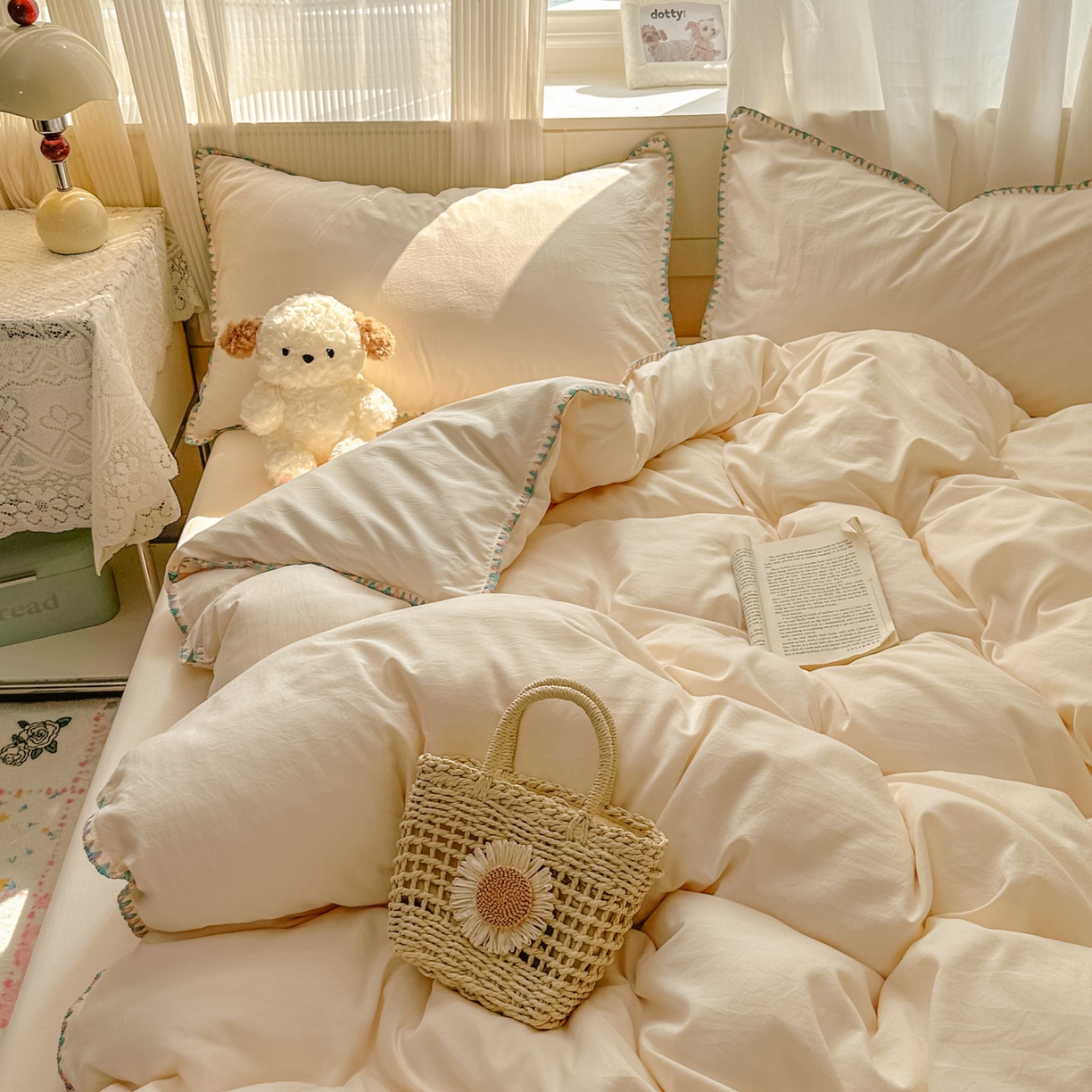 91家纺网 家纺一手货源 找家纺 冕悠家纺 2025新款A类七彩贝壳边水洗棉四件套 七彩-芝士粉