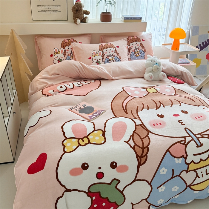 91家纺网 家纺一手货源 找家纺 茉保家纺 2025新款大板卡通加厚牛奶绒印花四件套 女孩与兔