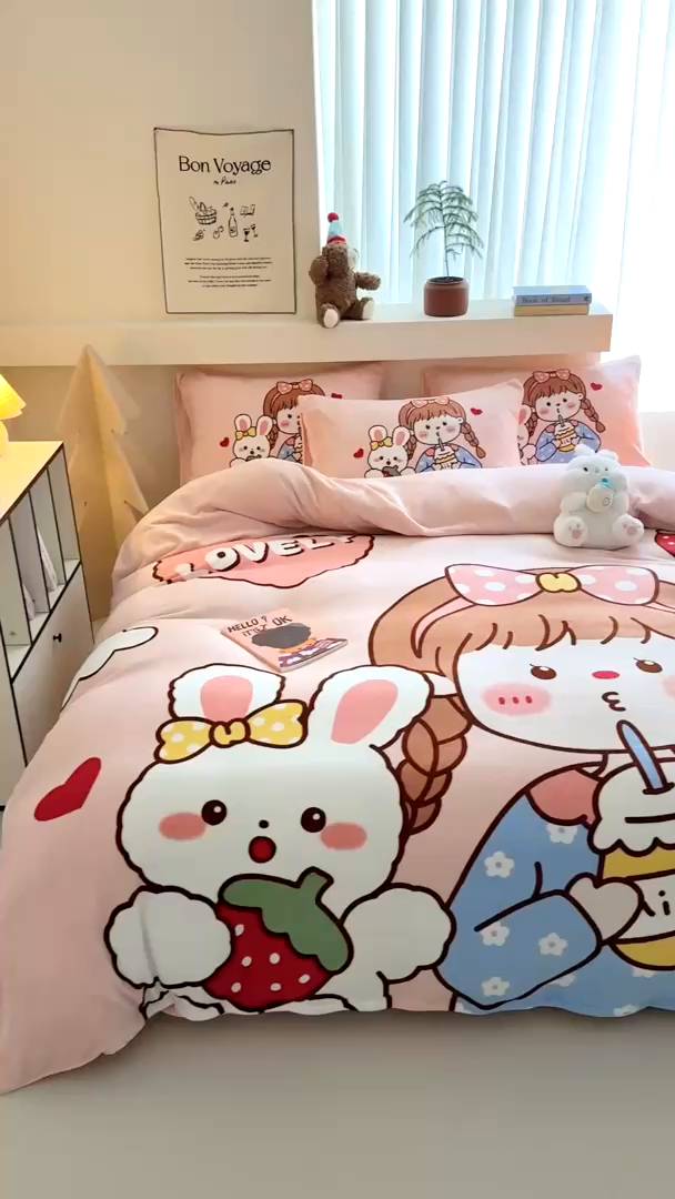 91家纺网 家纺一手货源 找家纺 茉保家纺 2025新款大板卡通加厚牛奶绒印花四件套 女孩与兔