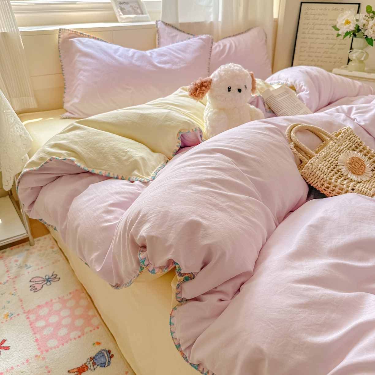 冕悠家纺 2025新款A类七彩贝壳边水洗棉四件套 七彩-芝士暮山紫