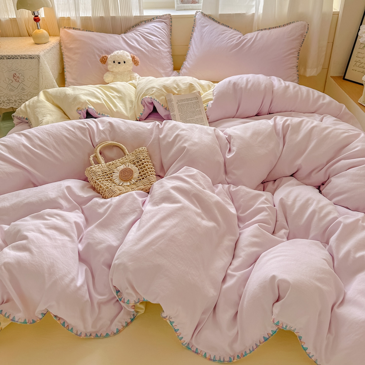 91家纺网 家纺一手货源 找家纺 冕悠家纺 2025新款A类七彩贝壳边水洗棉四件套 七彩-芝士暮山紫