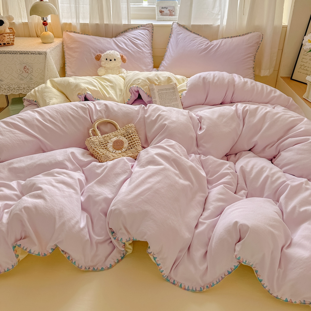 91家纺网 家纺一手货源 找家纺 冕悠家纺 2025新款A类七彩贝壳边水洗棉四件套 七彩-芝士暮山紫