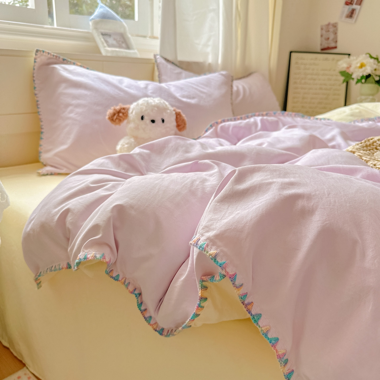 91家纺网 家纺一手货源 找家纺 冕悠家纺 2025新款A类七彩贝壳边水洗棉四件套 七彩-芝士暮山紫