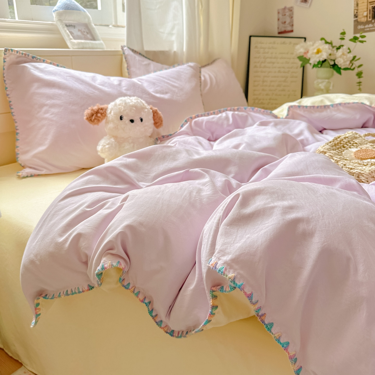 91家纺网 家纺一手货源 找家纺 冕悠家纺 2025新款A类七彩贝壳边水洗棉四件套 七彩-芝士暮山紫