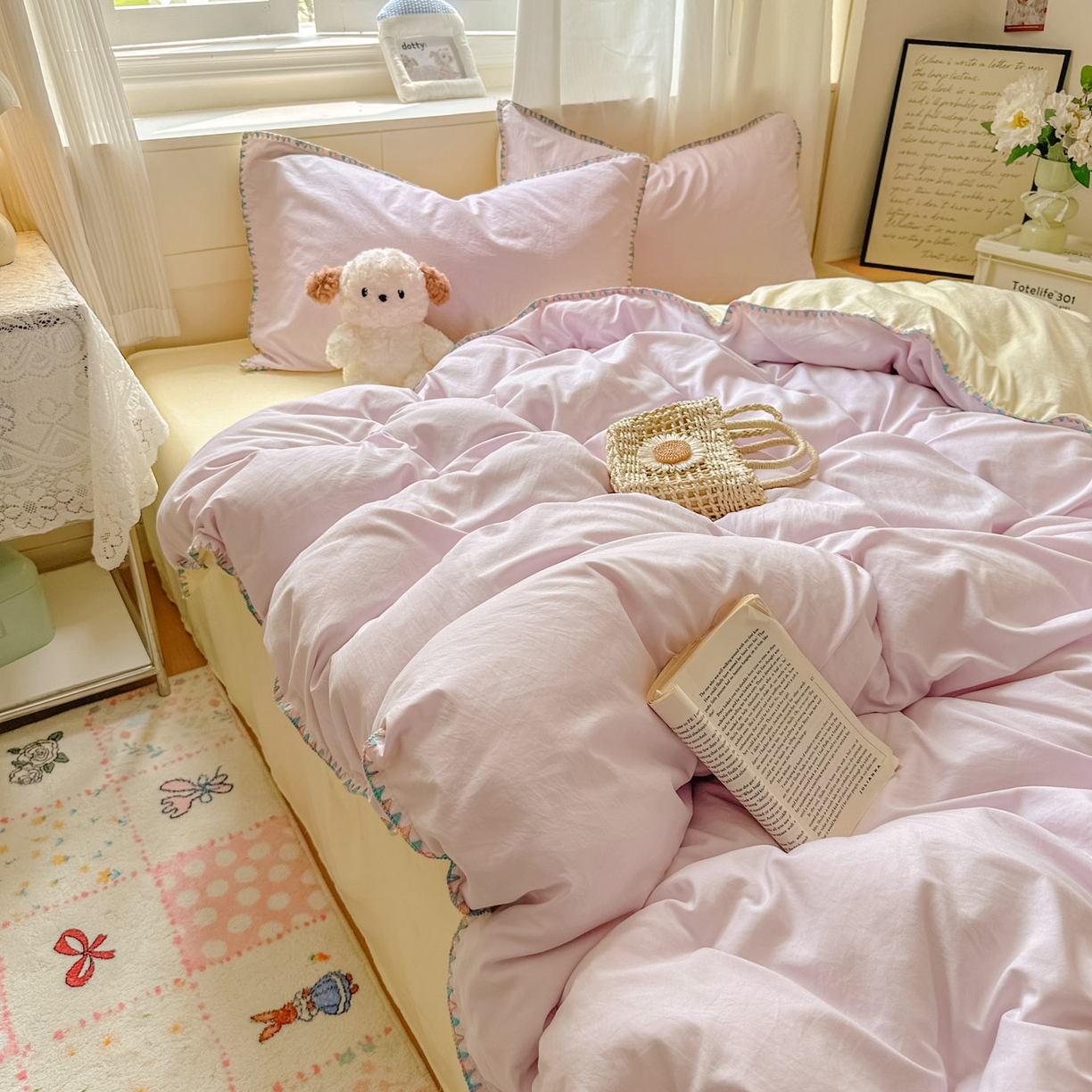 91家纺网 家纺一手货源 找家纺 冕悠家纺 2025新款A类七彩贝壳边水洗棉四件套 七彩-芝士暮山紫