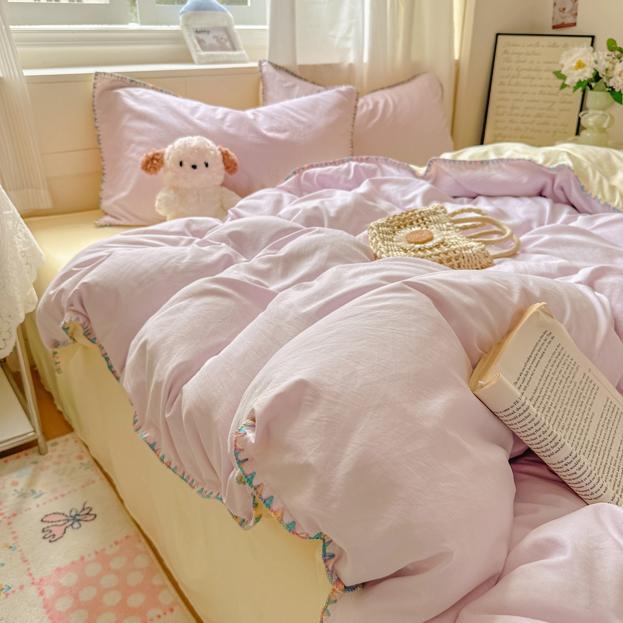 91家纺网 家纺一手货源 找家纺 冕悠家纺 2025新款A类七彩贝壳边水洗棉四件套 七彩-芝士暮山紫