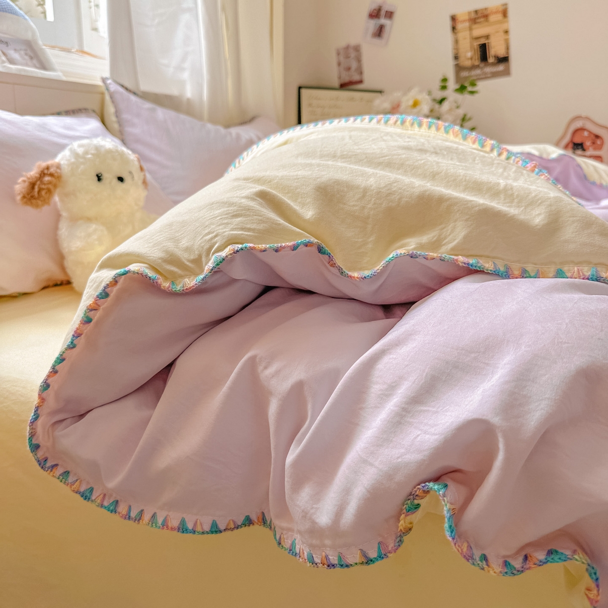 91家纺网 家纺一手货源 找家纺 冕悠家纺 2025新款A类七彩贝壳边水洗棉四件套 七彩-芝士暮山紫