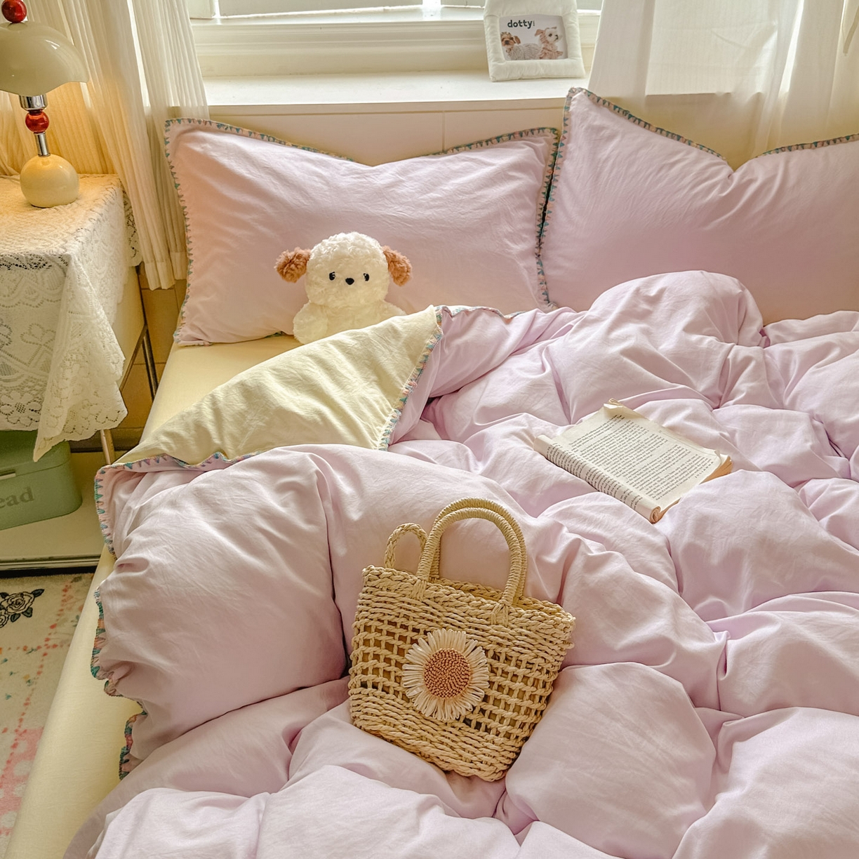 91家纺网 家纺一手货源 找家纺 冕悠家纺 2025新款A类七彩贝壳边水洗棉四件套 七彩-芝士暮山紫