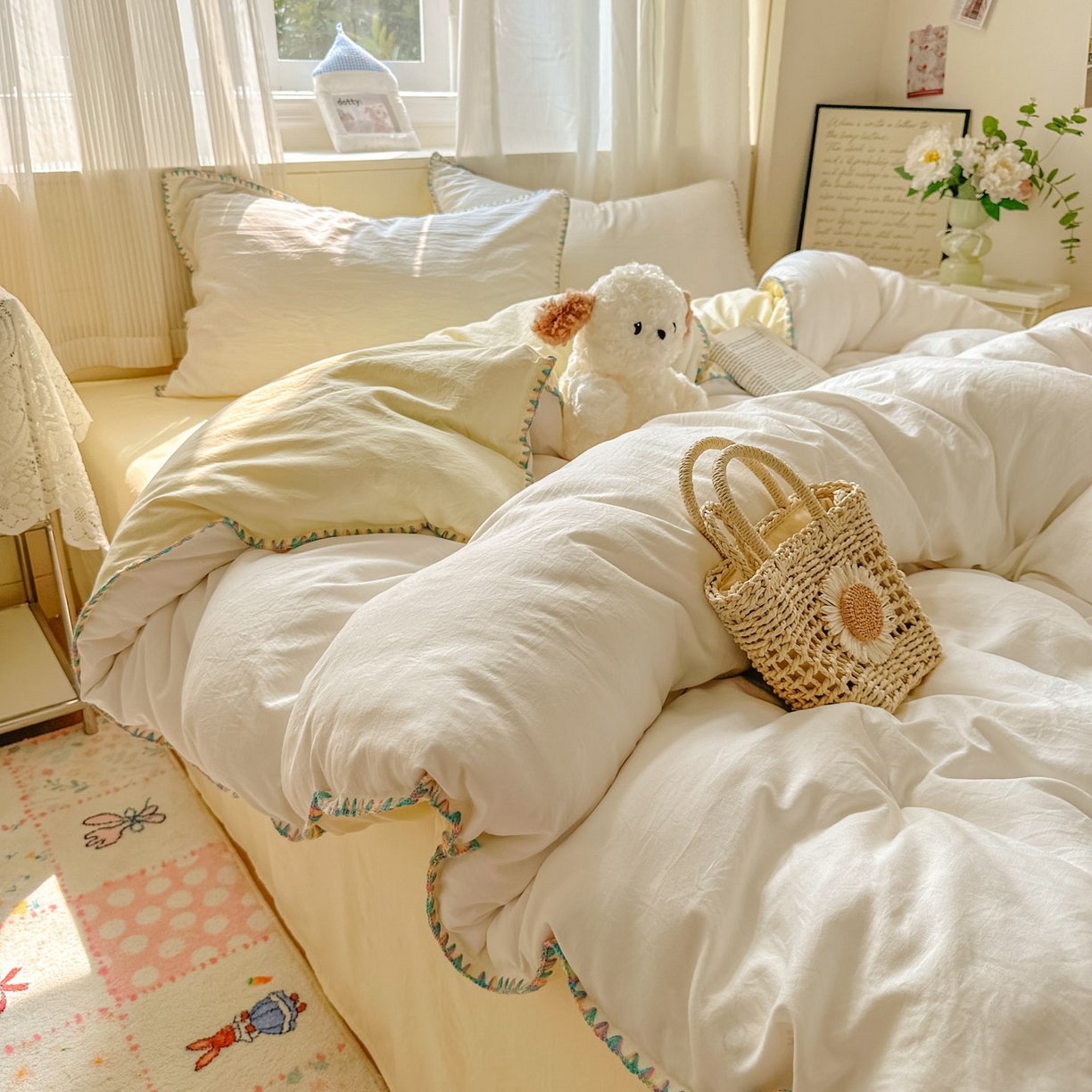冕悠家纺 2025新款A类七彩贝壳边水洗棉四件套 七彩-芝士奶白