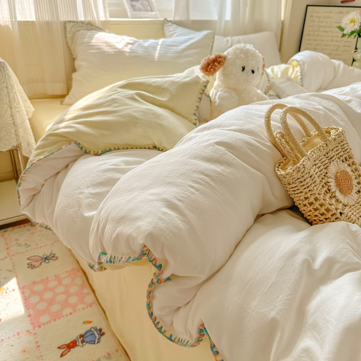 91家纺网 家纺一手货源 找家纺 冕悠家纺 2025新款A类七彩贝壳边水洗棉四件套 七彩-芝士奶白